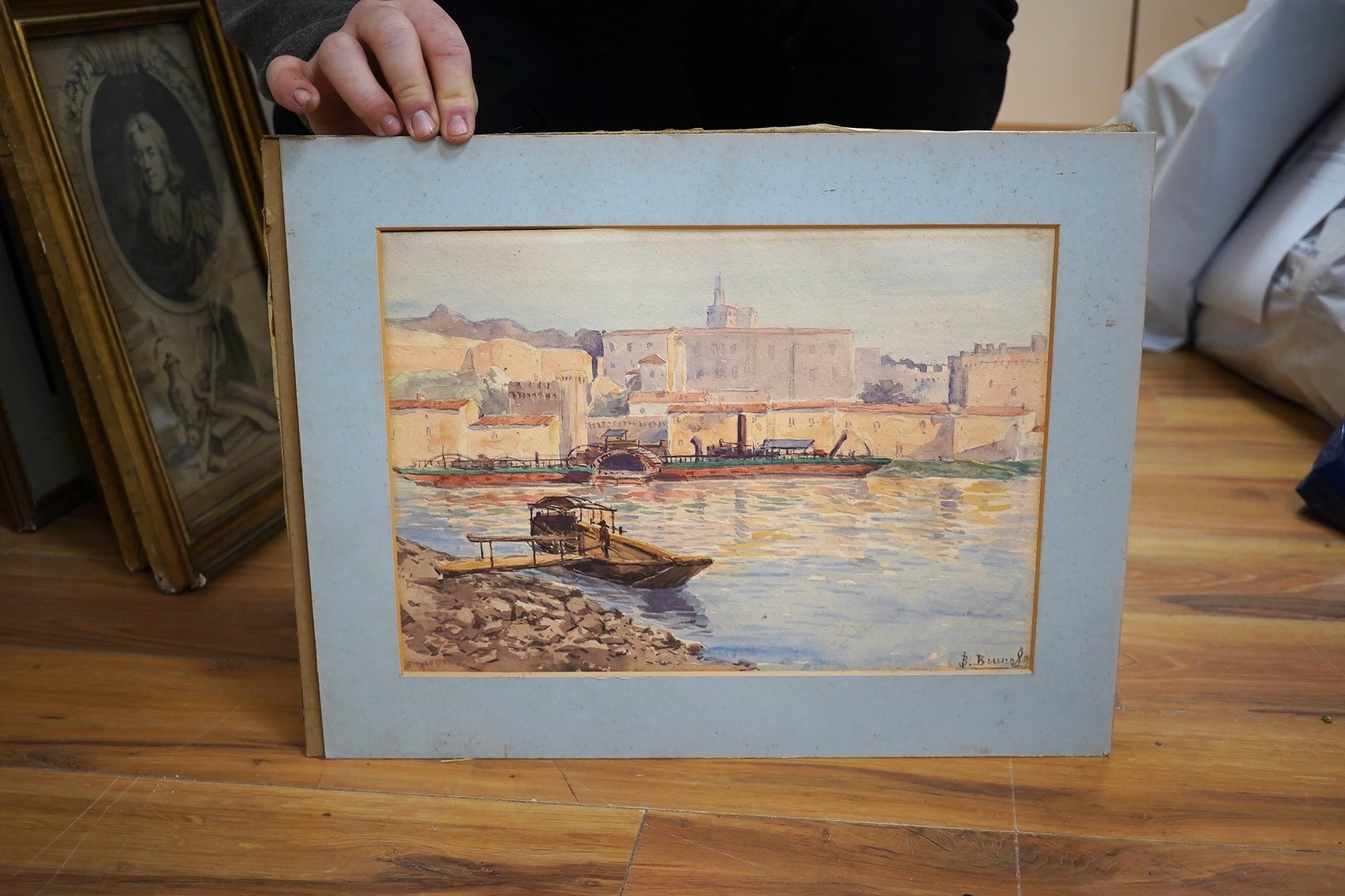 B. Bunell, watercolour, Continental harbour view, signed, mounted, 26 x 35cm, unframed. Condition - poor